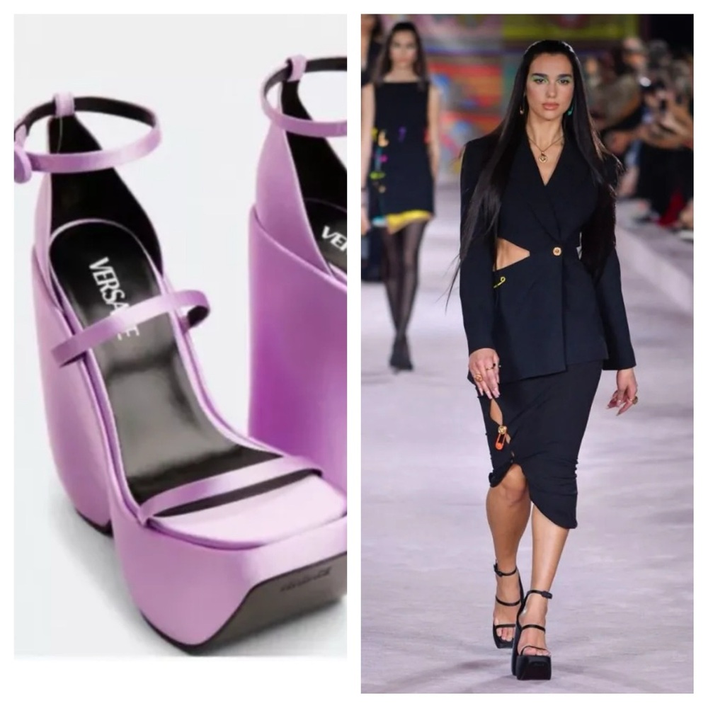 VERSACE Platforms Wedges Triplat Satin Lilac Purple as seen on Dua Lipa Heels